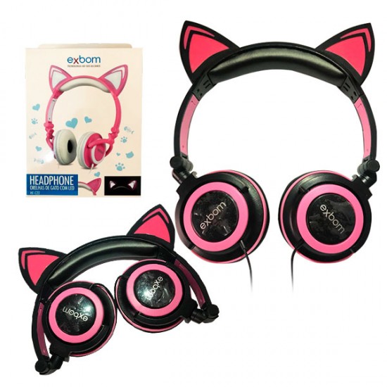 Headphone Bluetooth Orelhas Led Fone Gatinho Hf-c240bt Rosa